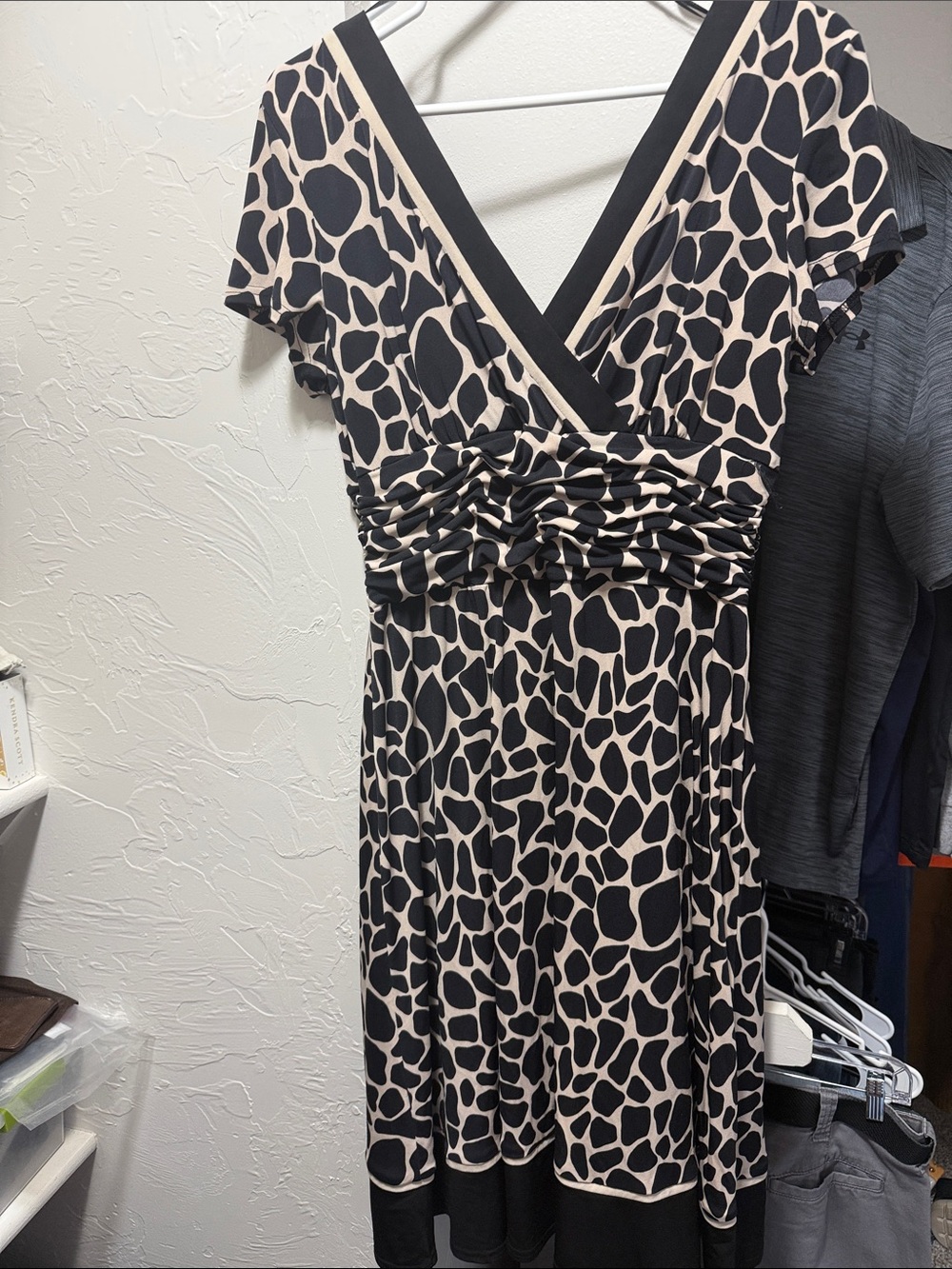 Sandra Darren Black and Cream Animal-Print V-Neck Midi Dress
